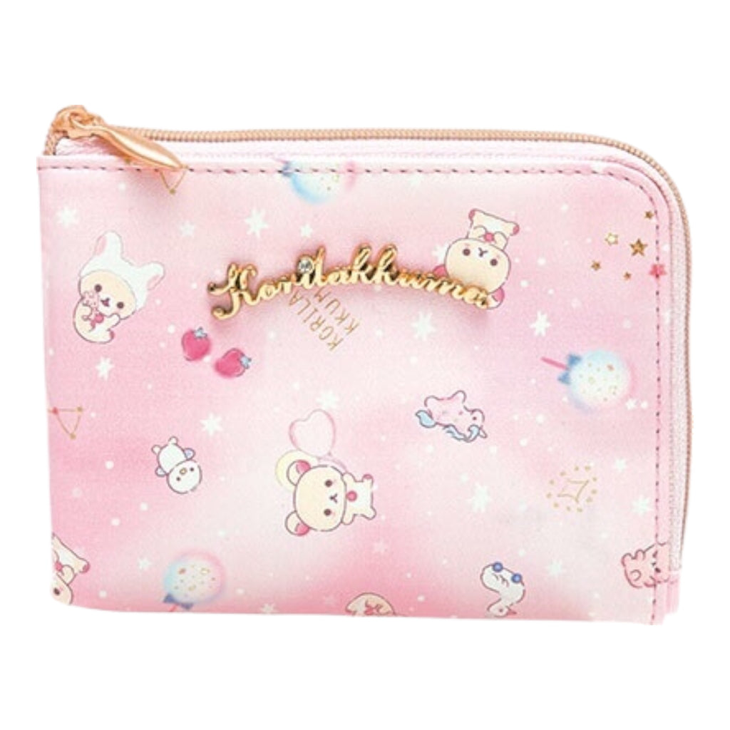 Front view of Rilakkuma pink coin pouch with keychain, featuring cute illustrations of Rilakkuma and Korilakkuma