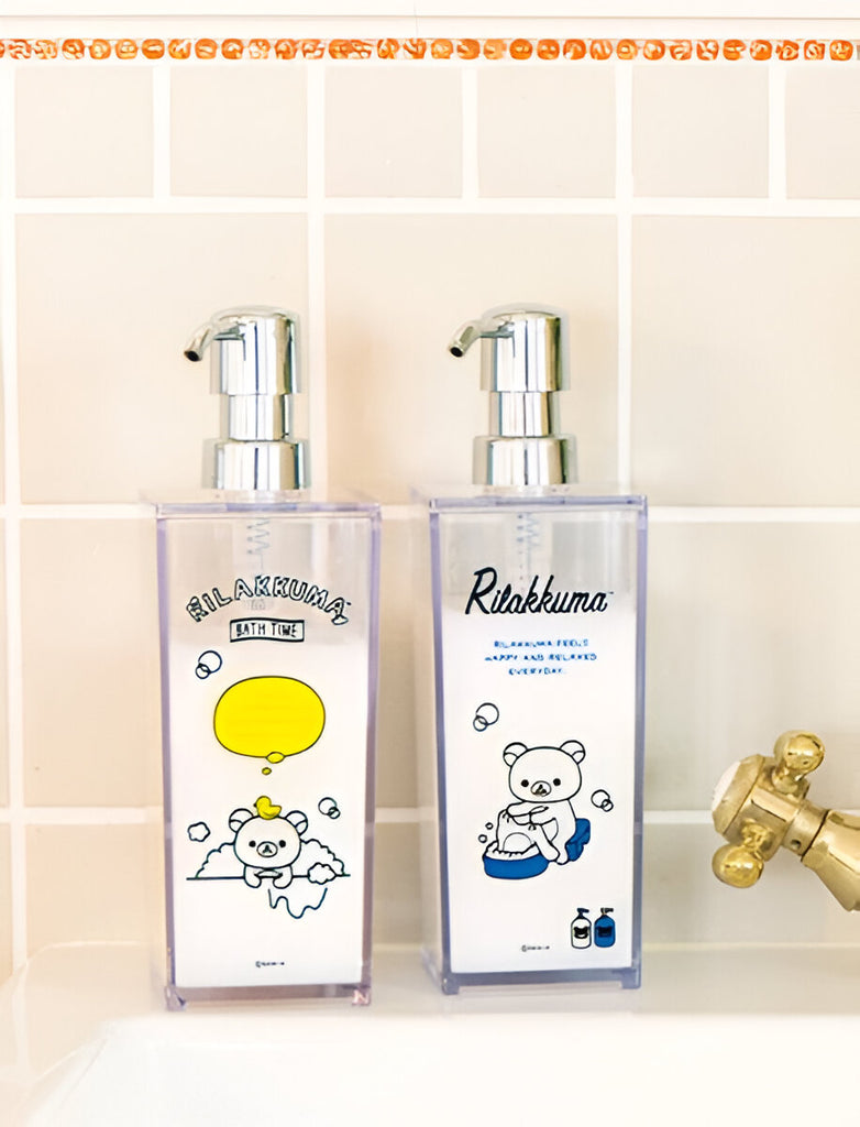 Set of two Rilakkuma Bath Time soap dispensers displayed in a bathroom setting.
