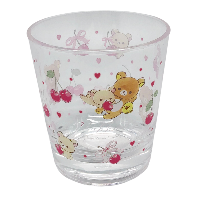 Front view of the Rilakkuma Cherry Glass Tumbler with adorable cherry motifs