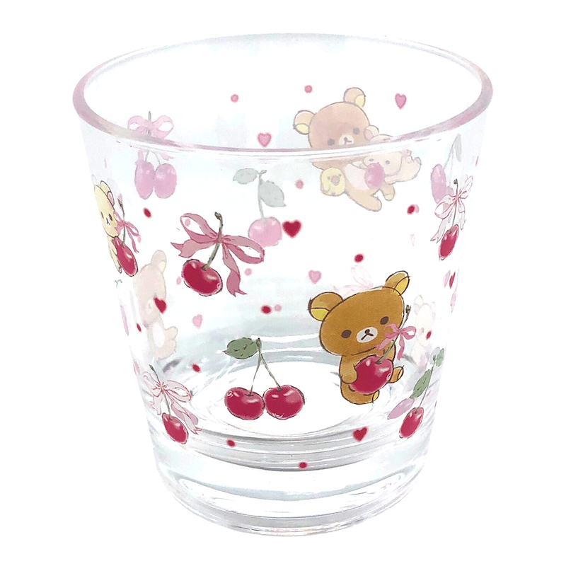 Side view of the Rilakkuma Cherry-Themed Acrylic Glass featuring playful characters and cherry graphics