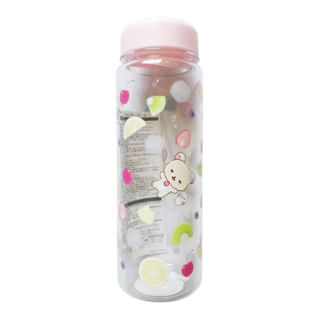 Transparent Rilakkuma-themed water bottle featuring cute fruit designs