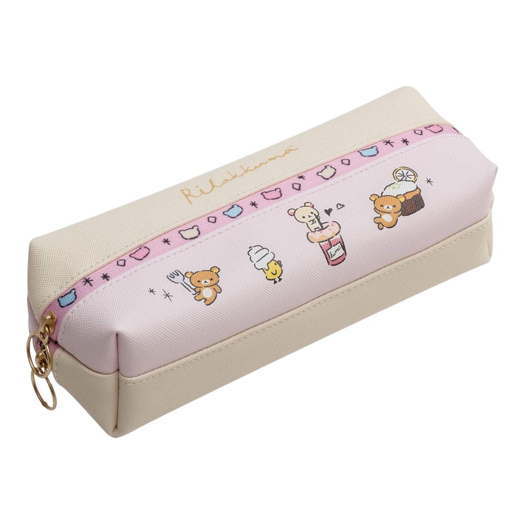 Front view of Rilakkuma dessert-themed pen case featuring cupcake and ice cream designs