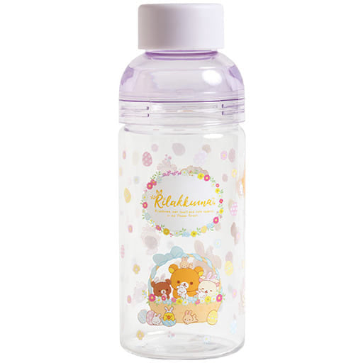 Front view of the Rilakkuma Easter Egg clear bottle with colorful pastel designs, BPA-free and 500ml capacity.