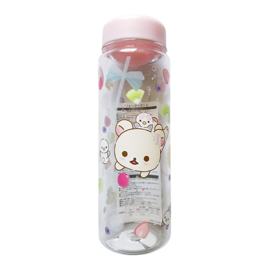 Front view of Rilakkuma water bottle with fruit design, 500ml capacity.