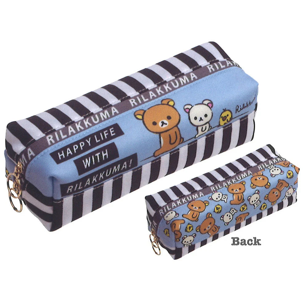 Front and back view of the Rilakkuma striped pencil case featuring 'Happy Life with Rilakkuma!' design.