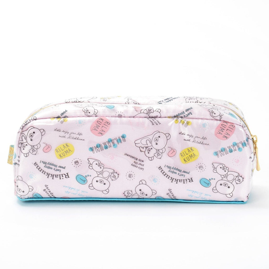 Rilakkuma pastel pink and blue pencil case front view with adorable kawaii design.