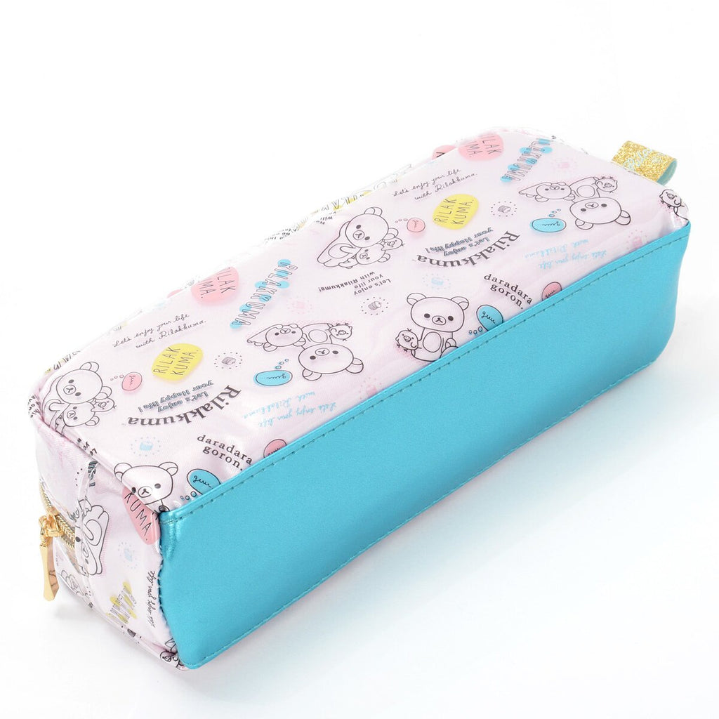 Side view  and bottom view of the Rilakkuma pastel pencil case, showcasing its soft blue fabric and gold zipper.