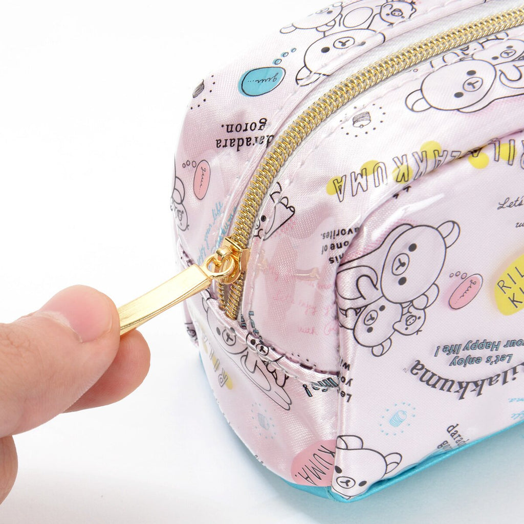 Close-up of the gold zipper on the Rilakkuma pastel pencil case, highlighting its premium quality.