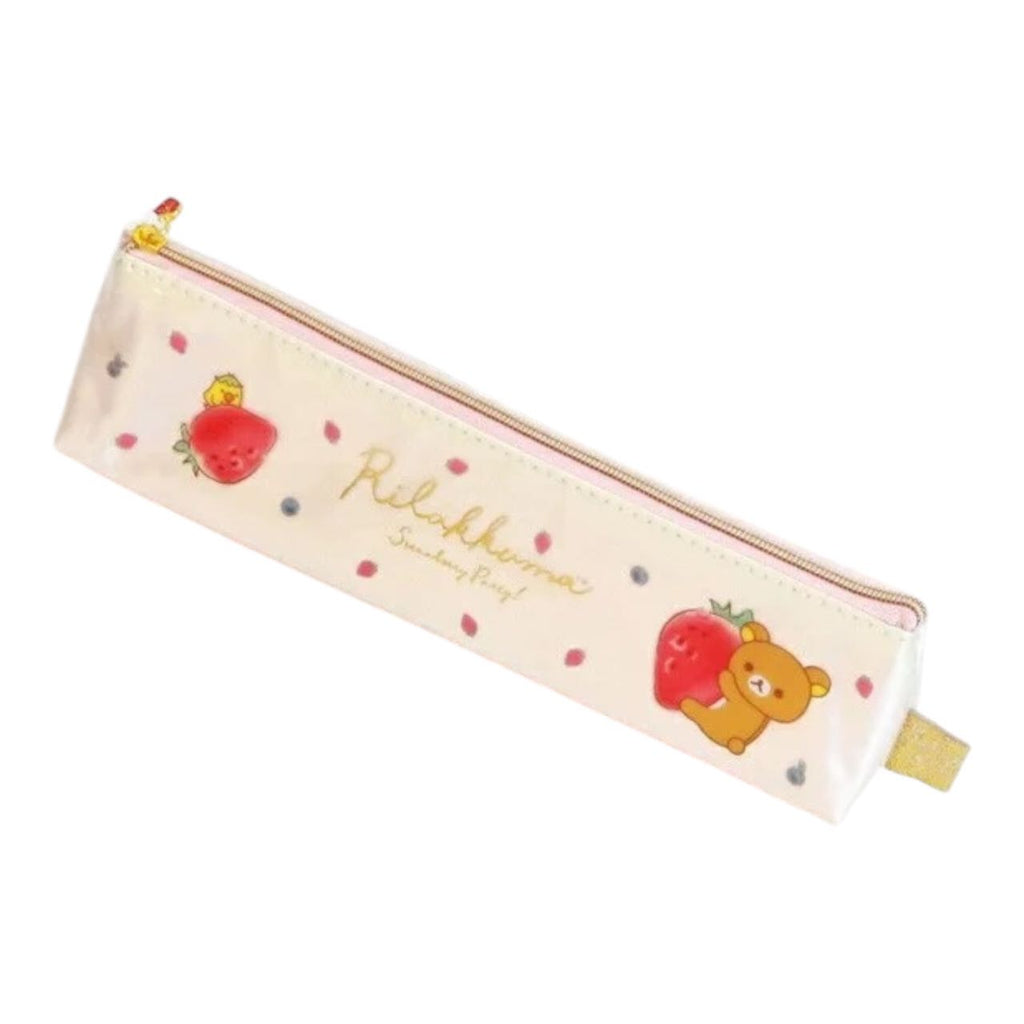 Rilakkuma toothbrush set's long pouch with a strawberry and bear design, unzipped to show contents.