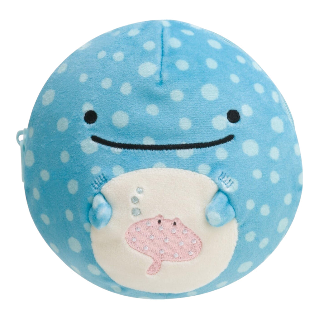 Front view of San-X Jinbesan plush coin purse in blue with polka dot design and cute stingray detail