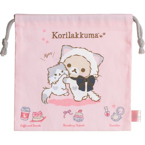 Front view of San-X Korilakkuma Cat drawstring pouch in pink, showing Korilakkuma dressed as a cat.