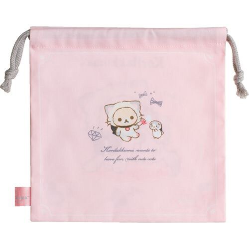  Back side of Korilakkuma Cat drawstring pouch, showcasing adorable pastel artwork in pink.