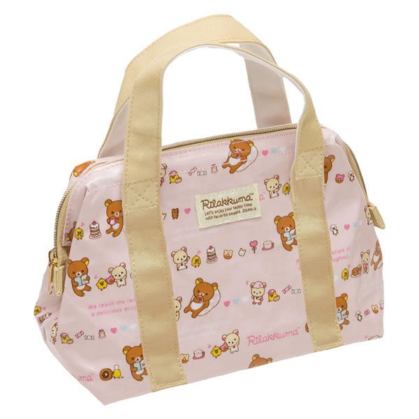 Rilakkuma insulated lunch bag in pink with bear print and beige handles