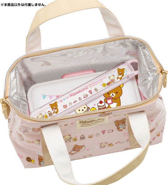 Inside view of San-X Rilakkuma thermal lunch tote bag with pink bear design and beige handles