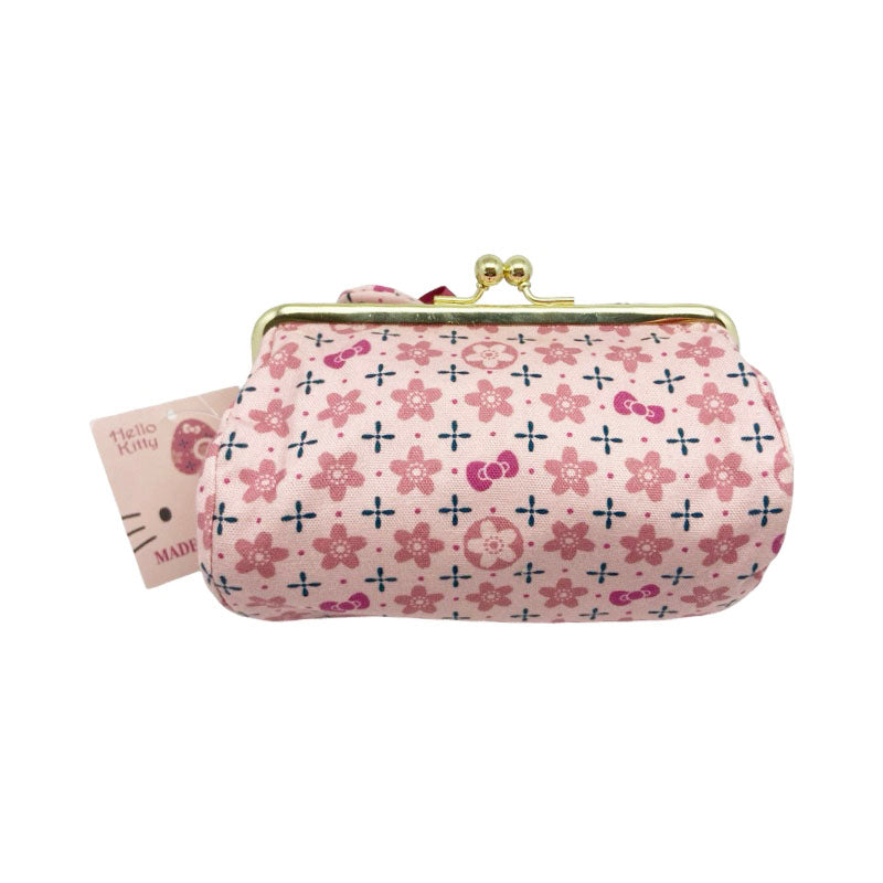 Sanrio Hello Kitty pink floral cosmetic pouch bag with kiss lock closure and pink bow, made in Japan