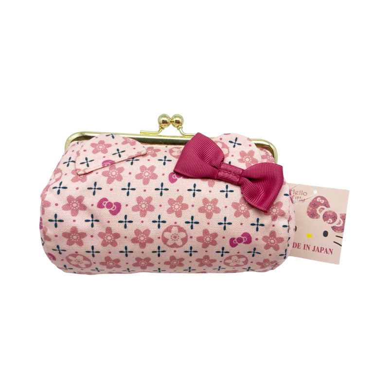 Sanrio Hello Kitty pink floral cosmetic pouch bag with kiss lock closure and pink bow, made in Japan