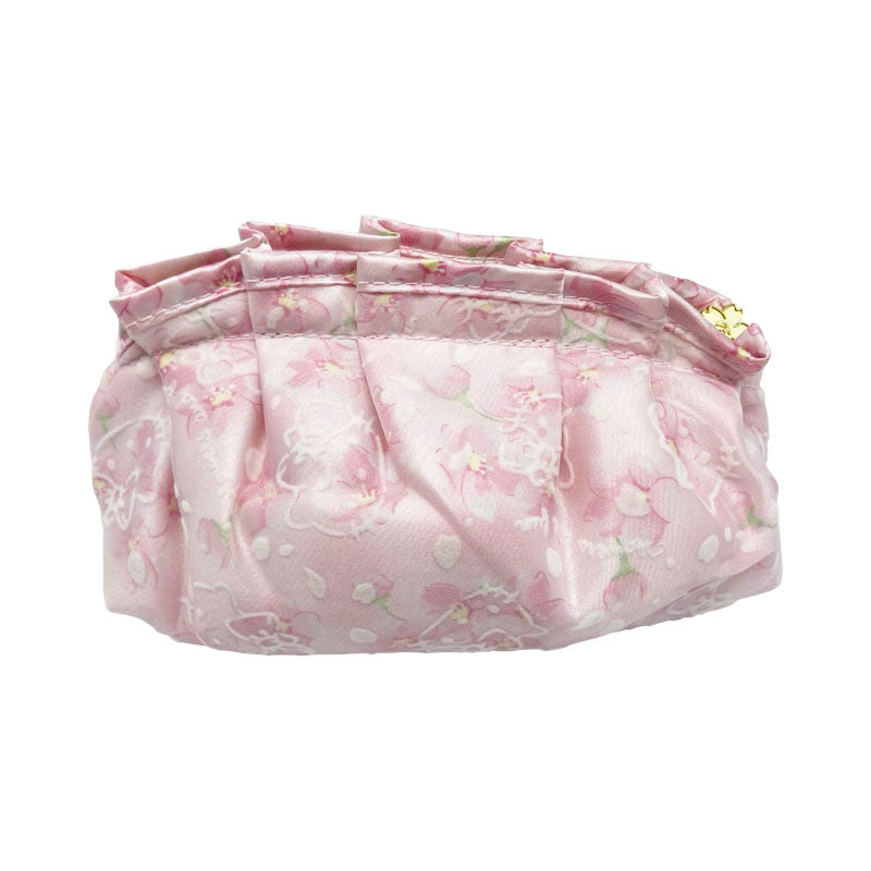 Back view of Sanrio Hello Kitty cosmetic pouch bag in pink floral design with elegant ruffle details.