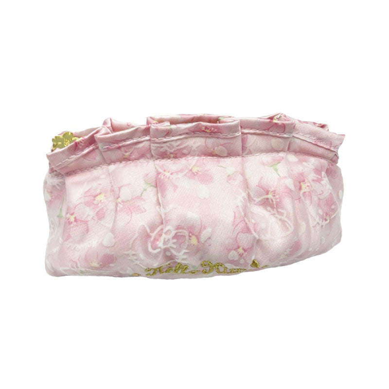 Front view of Sanrio Hello Kitty cosmetic pouch bag in pink with floral pattern and Hello Kitty details, perfect for makeup or small accessories