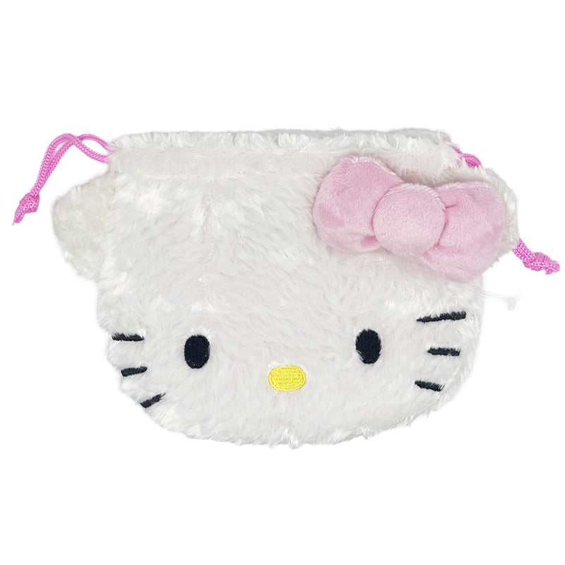 Sanrio Hello Kitty plush drawstring pouch with pink bow, front view