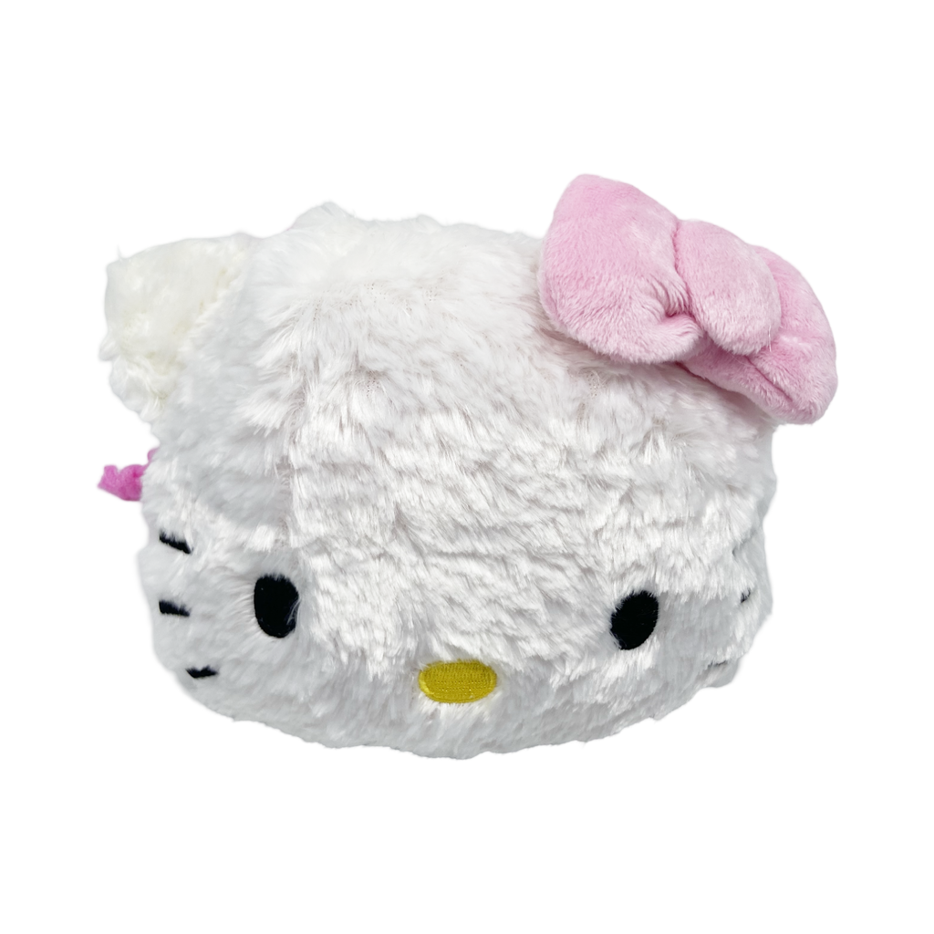 Side view of Hello Kitty plush drawstring pouch, showing pink drawstrings and soft texture