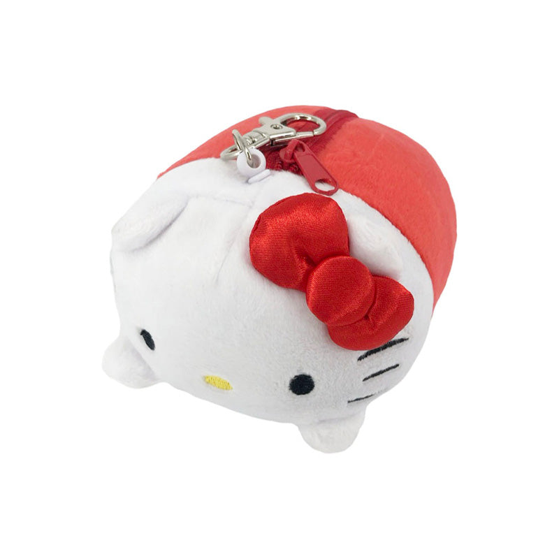 Sanrio Hello Kitty plush coin purse with red bow, zipper closure, and metal clip, 15cm in size.