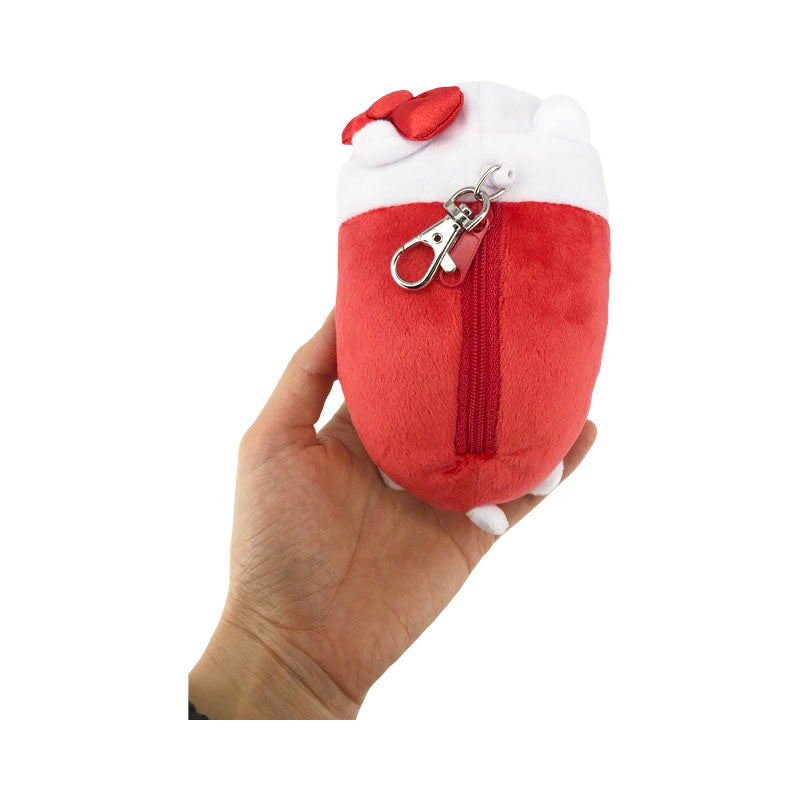 Sanrio Hello Kitty plush coin purse with red bow, zipper closure, and metal clip, 15cm in size.