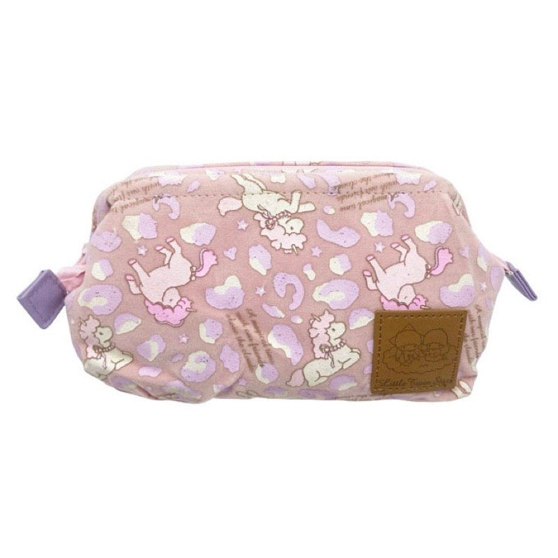 Front view of Sanrio Little Twin Stars cosmetic bag featuring Kiki and Lala with unicorns in a pastel design