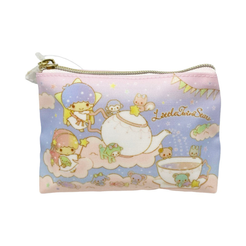 Front view of Sanrio Little Twin Stars cosmetic bag pouch featuring Kiki and Lala tea party design on a pastel cloud background. Size: 16x11.5x5cm.