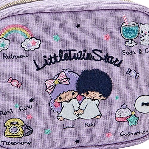 Close-up of Sanrio Little Twin Stars Cosmetic Pouch Bag in purple, featuring embroidered Kiki and Lala design with rainbow, soda, candy, and other cute icons