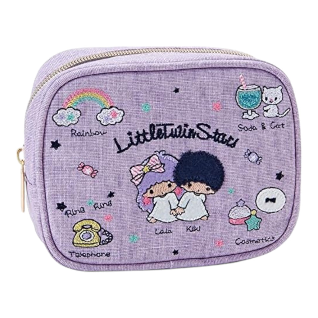 Front view of Sanrio Little Twin Stars cosmetic pouch bag in purple with embroidered Kiki and Lala design, featuring rainbows and cute icons. Size: 16x11x4cm.