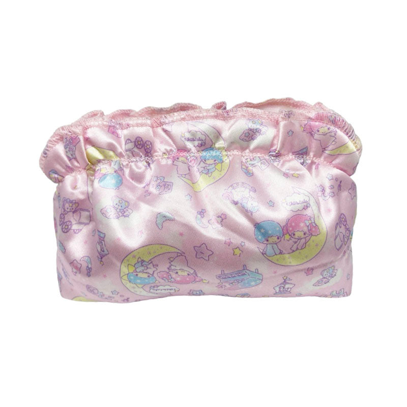 Front view of Sanrio Little Twin Stars cosmetic pouch bag in pink, featuring Kiki and Lala with a moon and stars design.