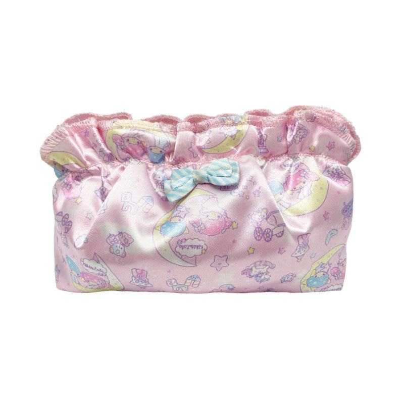 Back view of Sanrio Little Twin Stars cosmetic pouch bag in pink, featuring a soft fabric with a moon and stars theme