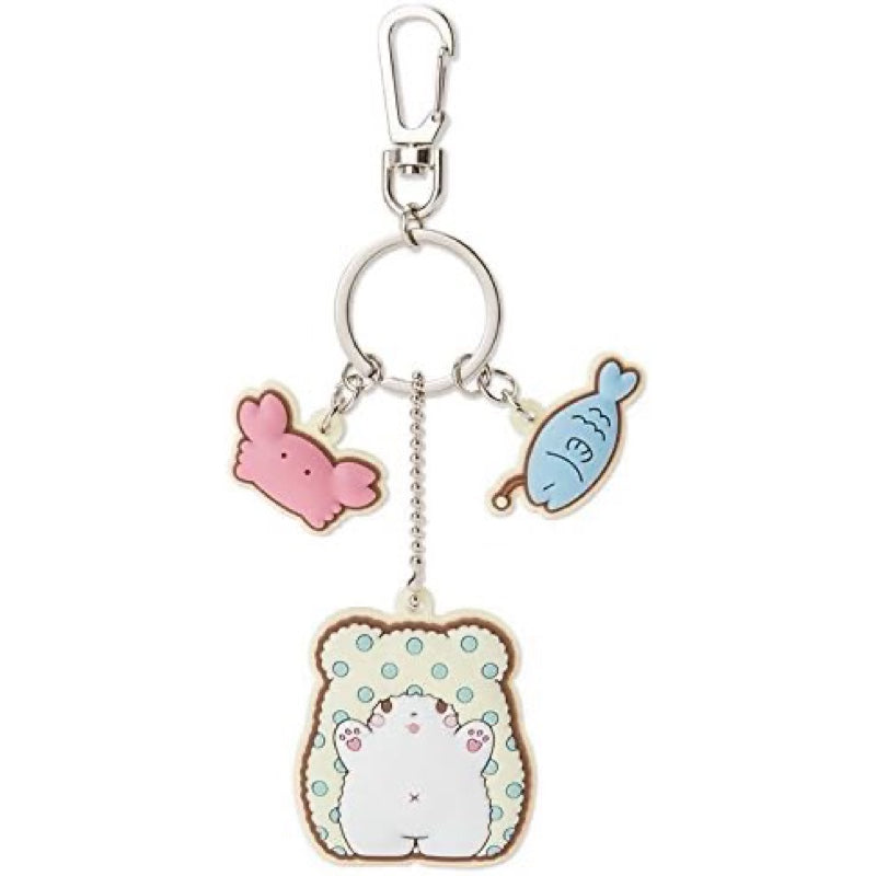 Full set of charms on the Sanrio Marumofubiyori rubber key chain, including crab and fish details.