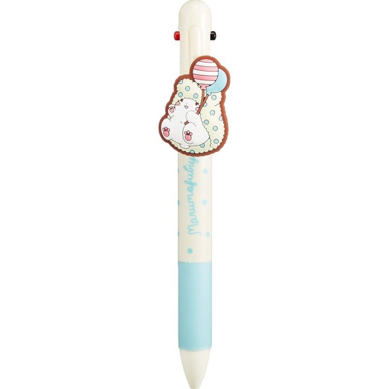 Front of Sanrio Marumofubiyori 3-color pen with a mechanical pencil, featuring Marumofubiyori charm