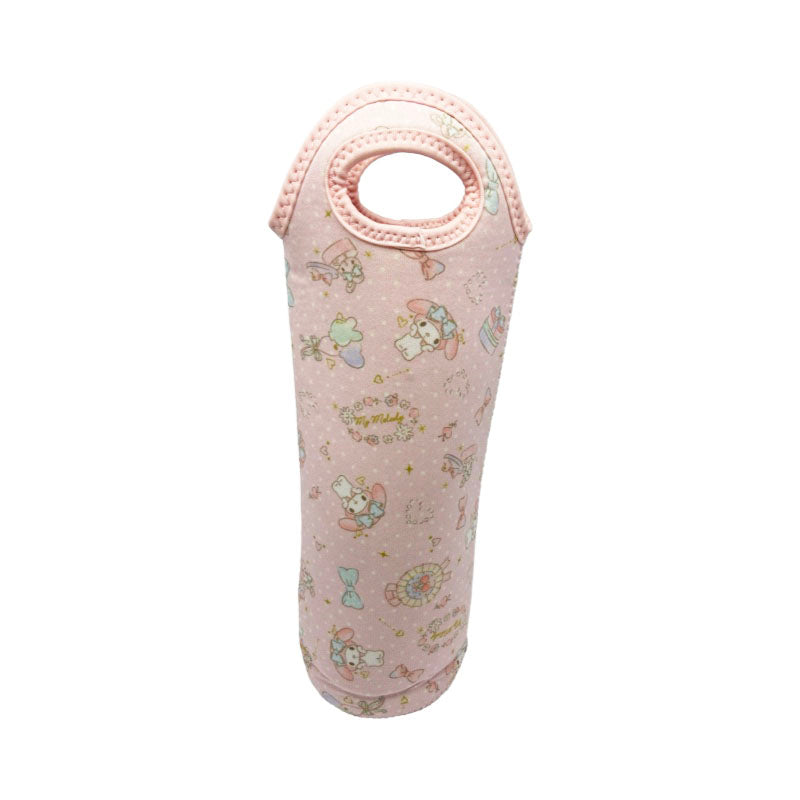 Front view of Sanrio My Melody water bottle holder featuring a pastel pink design with My Melody illustrations