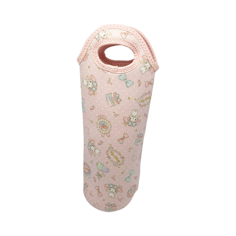 Back view of Sanrio My Melody water bottle holder, showing the soft pink fabric with adorable character illustrations