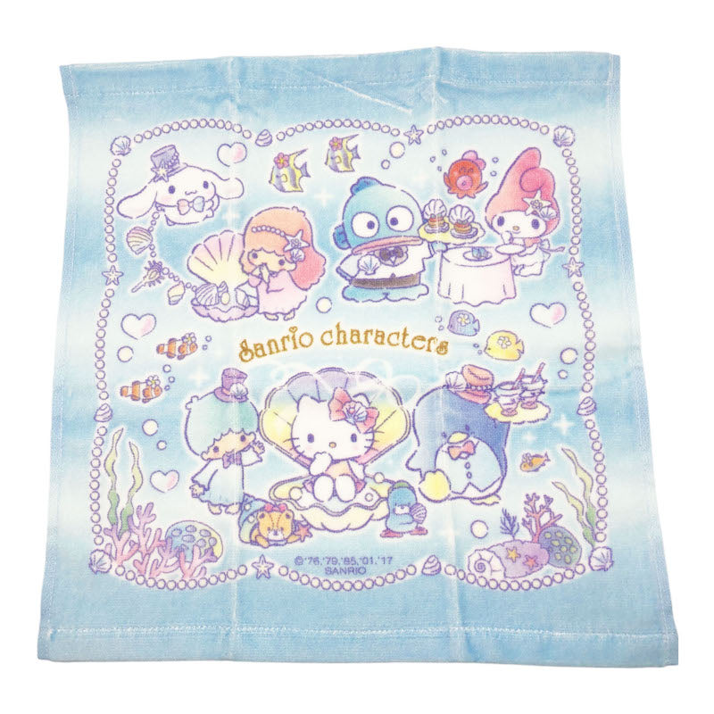 Sanrio Characters Ocean Blue Square Towel featuring Hello Kitty, My Melody, Pompompurin, and others in an ocean-themed design