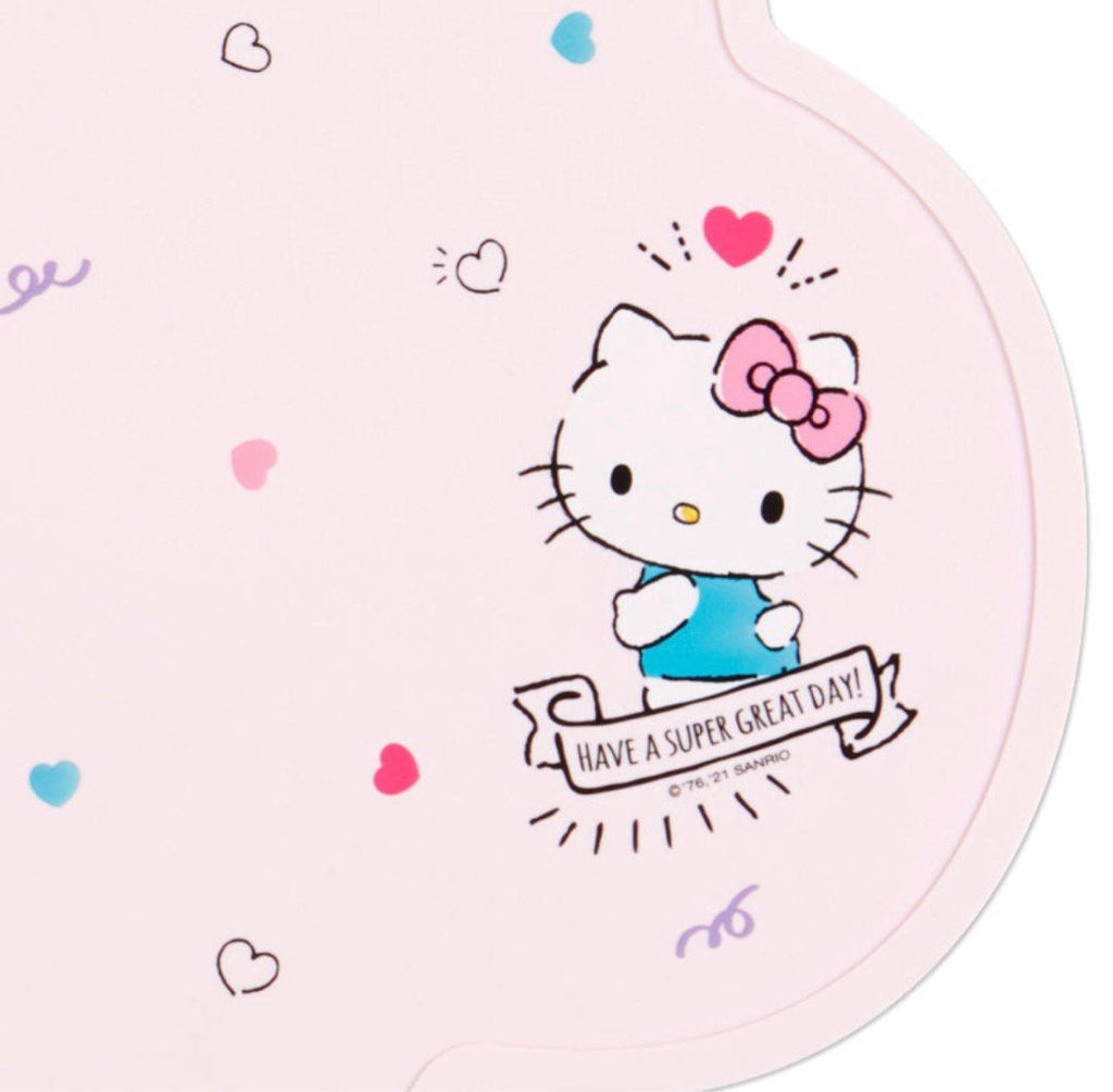 Close-up of Hello Kitty graphic and "Have a super great day" banner on the pink silicone placemat.