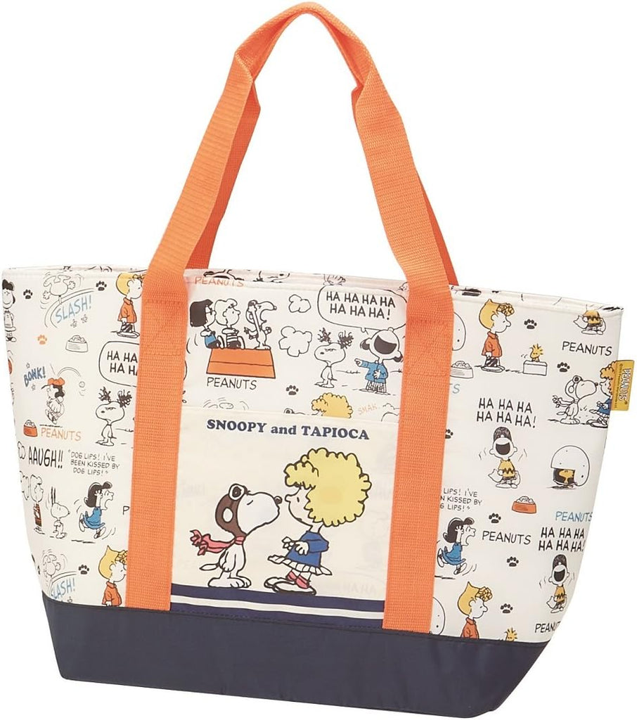 Snoopy PEANUTS tote bag front view, featuring comic print and orange handles