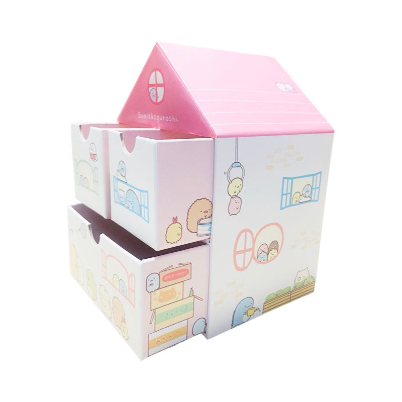 Open view of the pink Sumikko Gurashi organizer box showing its spacious drawers.