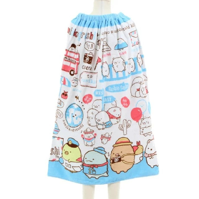 Sumikko Gurashi character print towel wrap with a travel adventure design, 70x120cm