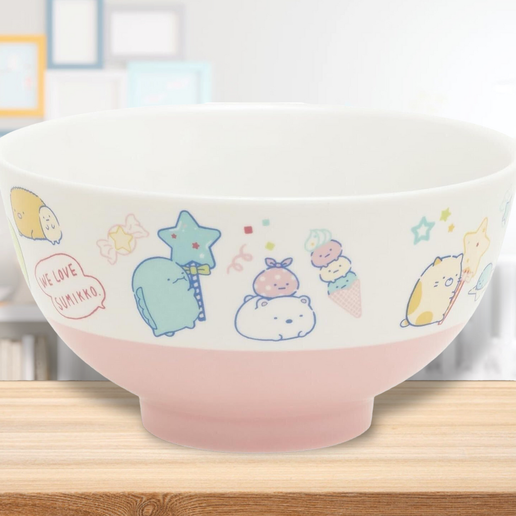 Close-up of San-X Sumikkogurashi Pink Ceramic Bowl with detailed character illustrations and phrases like 'We love Sumikko', enhancing your dining table.