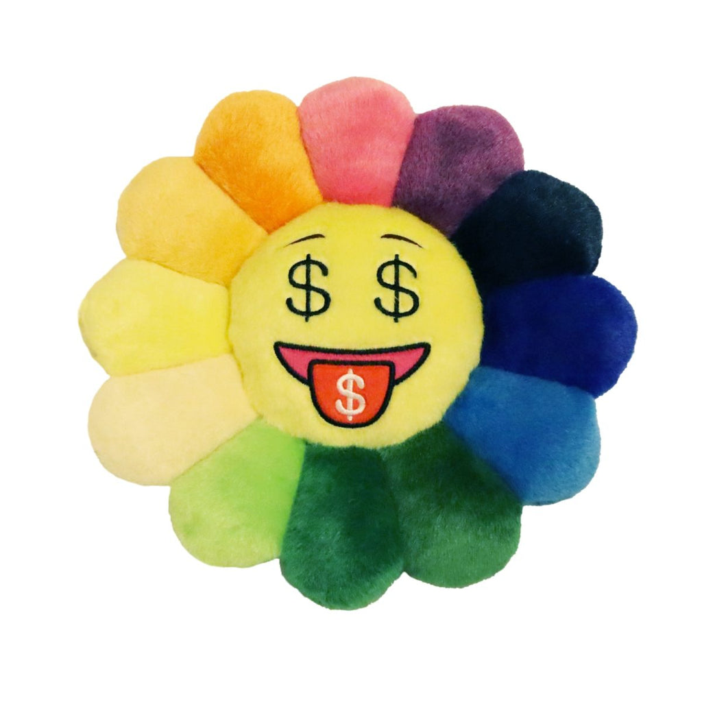 Takashi Murakami Flower Plush 30CM featuring the Emoji 2 face with dollar signs and bright rainbow petals, showcasing vibrant design and playful expression.