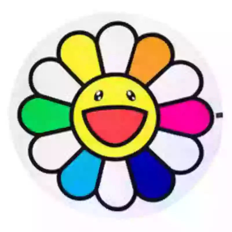 Takashi Murakami rainbow flower bath towel featuring colourful petals and a smiling face design