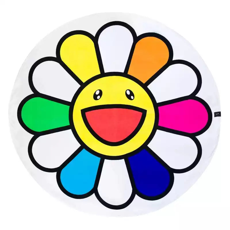 Takashi Murakami rainbow flower bath towel featuring colorful petals and a smiling face design