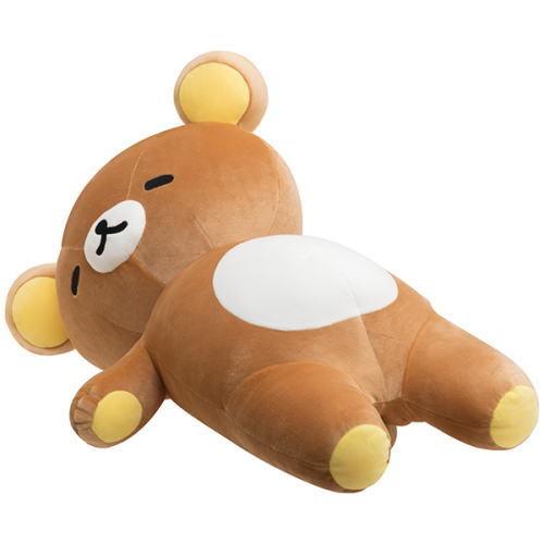 Side view of the San-X Rilakkuma lying down plush toy, showcasing its cuddly size and adorable bear features