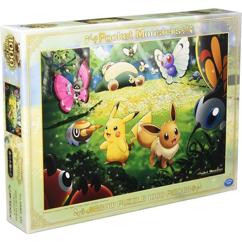 Box packaging of 'Pokemon: Sunlight Through the Forest' jigsaw puzzle featuring Pikachu and friends in a 1000-piece set