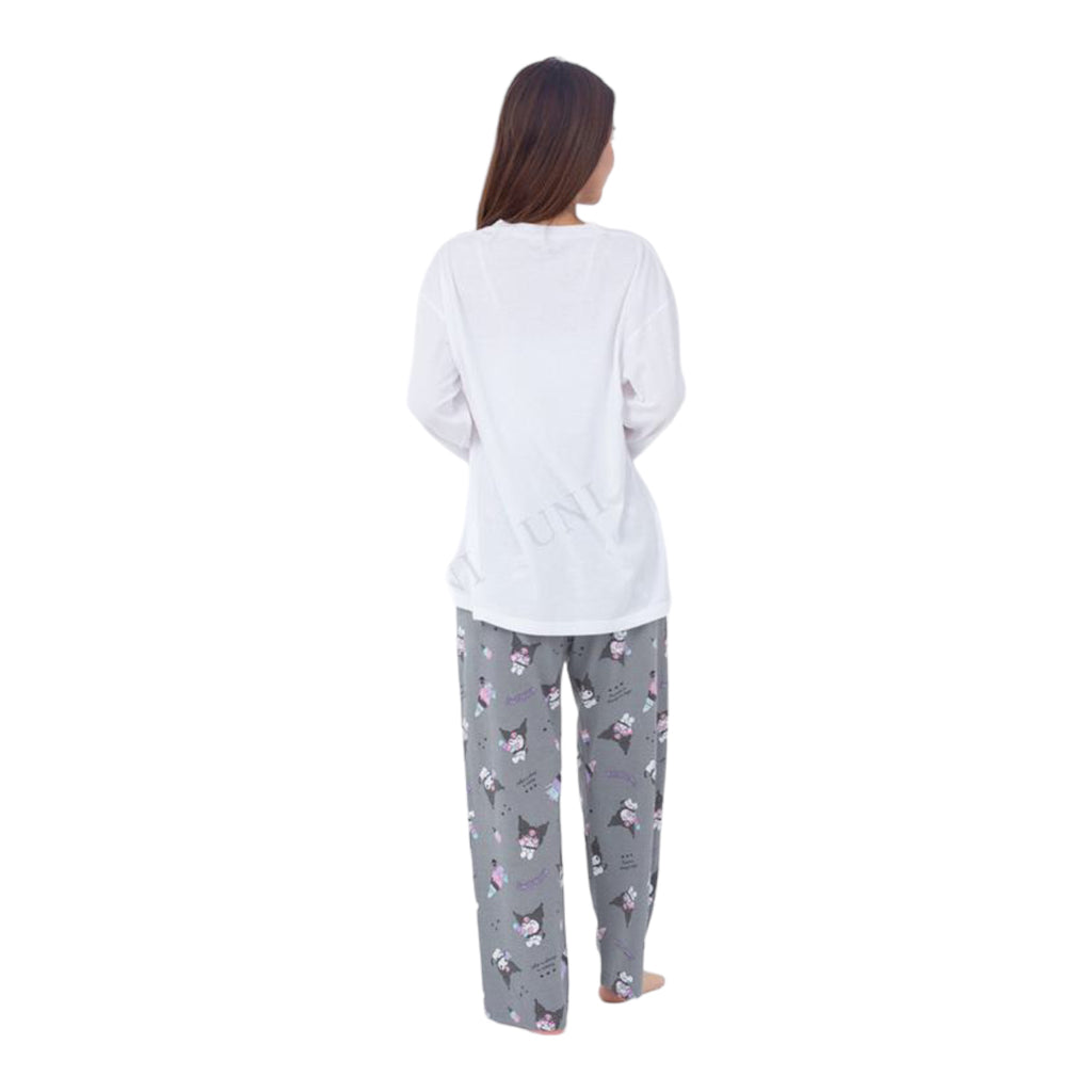 Back view of a woman in a cozy Kuromi Pajama Set, highlighting the continuous pattern of Kuromi characters on the gray pants.
