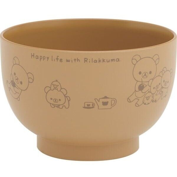 Rilakkuma ABS resin bowl featuring 'Happy life with Rilakkuma' slogan and cute character decorations.