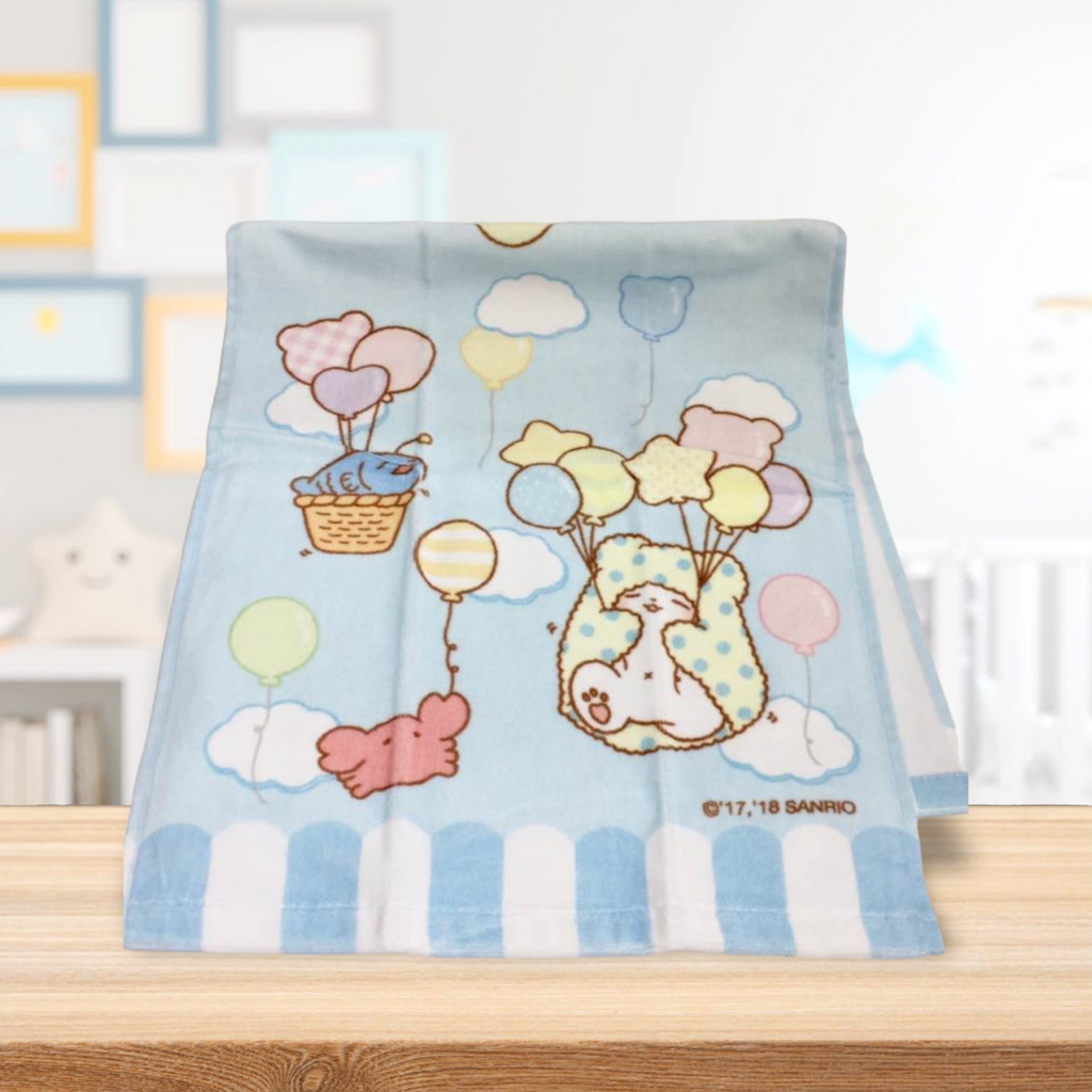 Sanrio Marumofubiyori Long Towel featuring Moppu and friends with balloons, clouds, and weather icons on a light blue background.